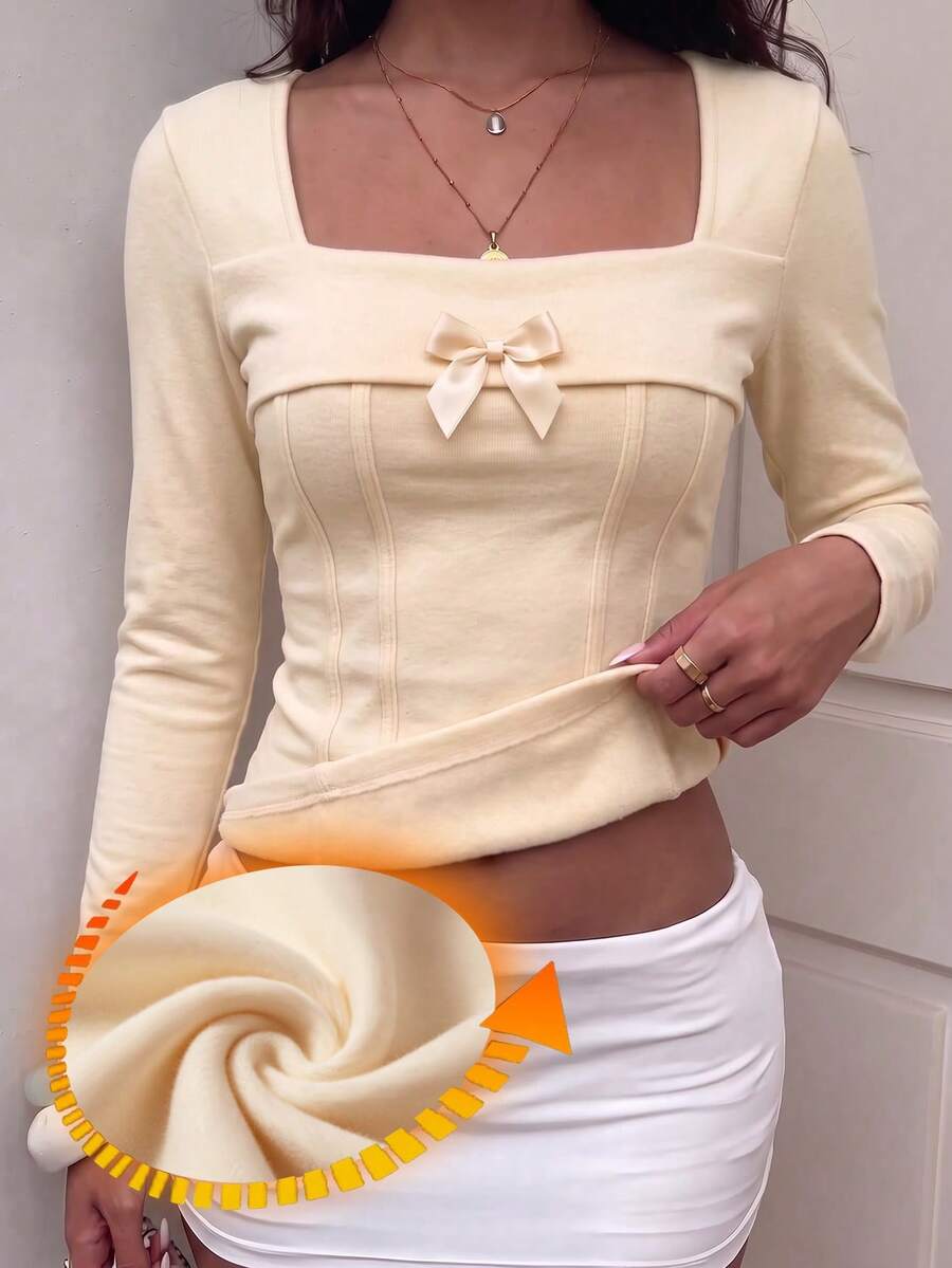 Women's Square Neck Long Sleeve Casual Top Spring/Autumn/Winter Women's Clothing Set - Apricot - View 1