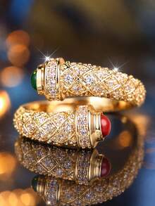 Open Snake Ring, Inlaid With Red & Green Domed Gemstones, Pave Set Vintage Exotic Style Party Finger Ring - Open Ring - View 1