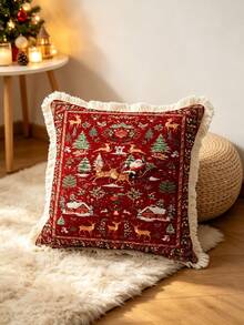 1PC Christmas Print Pillow Cover With Tassel Border, Double-Sided Decorative Pillowcase, Santa Claus Reindeer Pattern, Home Decoration, Sofa, Bed, Bedroom(Excluding Pillow Core)-Size Excludes 3cm Tassels - Multicolor - View 2