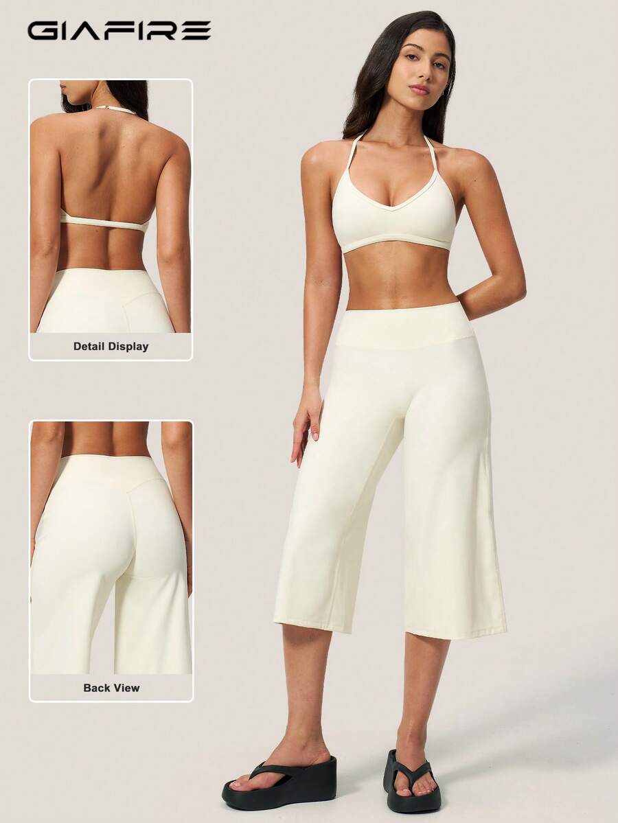 Women's 2 Pieces Set, Backless Halter Top With Short Wide Leg Pants, Suitable For Vacation, Date, Daily Wear. Sports Outfit - White - View 1