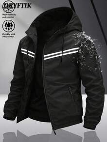 Men's Multi-Color Racing Style Reflective Strip Hooded Jacket, Windproof Fabric, Multi-Pocket Design, Street Techwear Style, Suitable For Daily Wear And Commuting - Black - View 1
