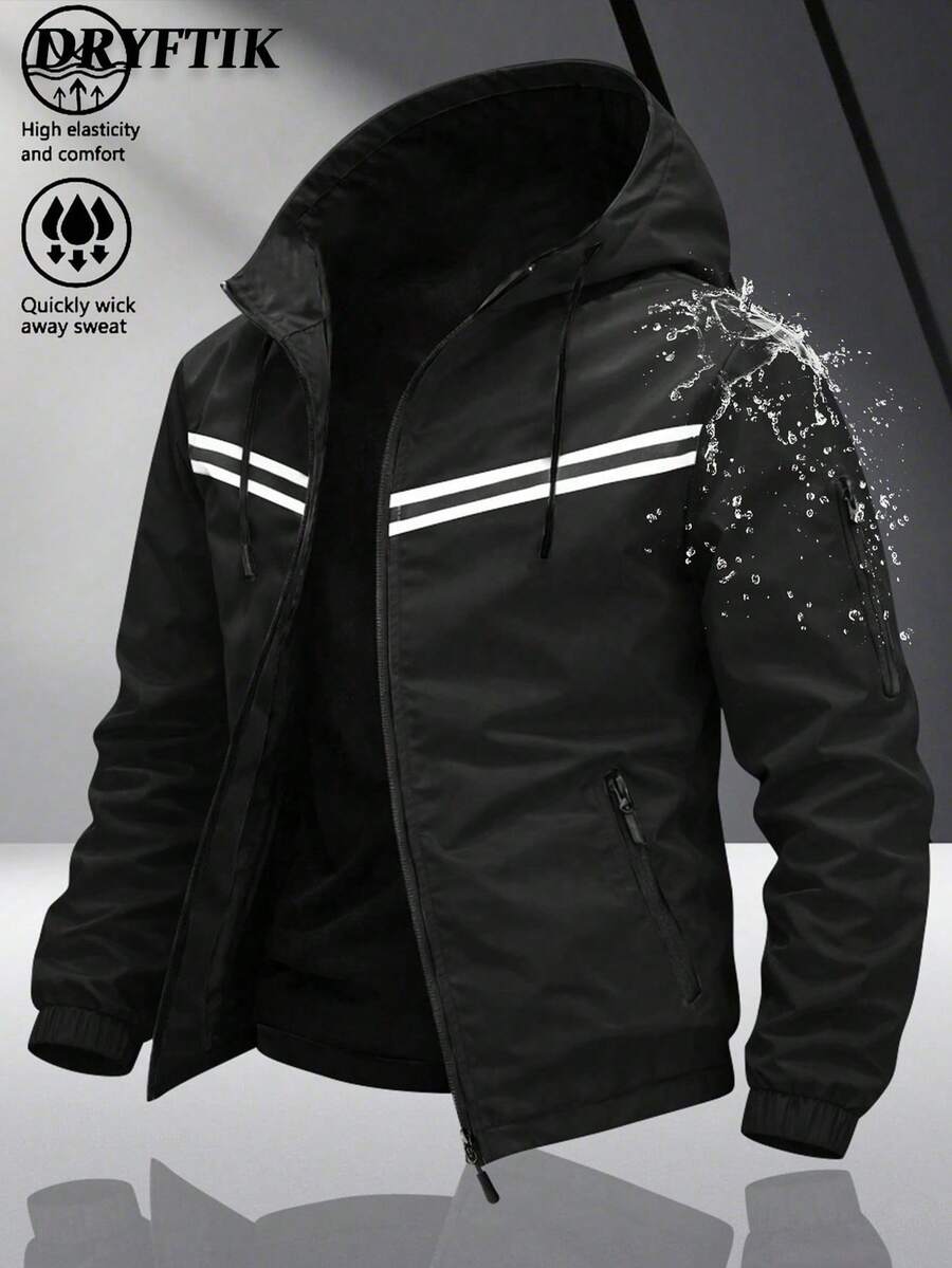 Men's Multi-Color Racing Style Reflective Strip Hooded Jacket, Windproof Fabric, Multi-Pocket Design, Street Techwear Style, Suitable For Daily Wear And Commuting - Black - View 1