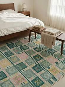 1PC Green Pink Yellow Plaid Totem Square Area Rug, Faux Cashmere Material Rectangular Vintage Pattern, Machine Washable Suitable For Living Room Bedroom Daily Home Decor, Aesthetic Home Decoration - Multicolor - View 4