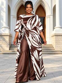 Plus Size 2 Pieces Pants Set Kaftan Top With Drawstring Wide Leg Pants African Print Outfit Elegant Church Wedding Guest Formal Wear New Fashion - Brown - View 3