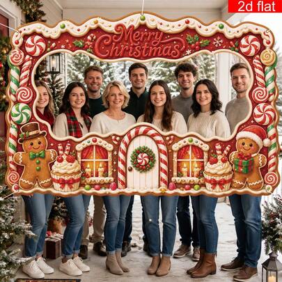 Pancarta plana 2D, 1 pieza, fondo fotográfico navideño de casa de jengibre, tela de fondo para selfie con hueco de Papá Noel lindo, tela de fondo para selfie con hueco de hombre de jengibre lindo y bastón de caramelo, patrón de casa de jengibre, campana y árbol de Navidad de Feliz Navidad, pancarta de marco fotográfico hueco con patrón de hombre de jengibre, bastón de caramelo y taza de papel de cupcake, accesorio de fotografía navideña de poliéster, decoración para fiesta navideña en el hogar