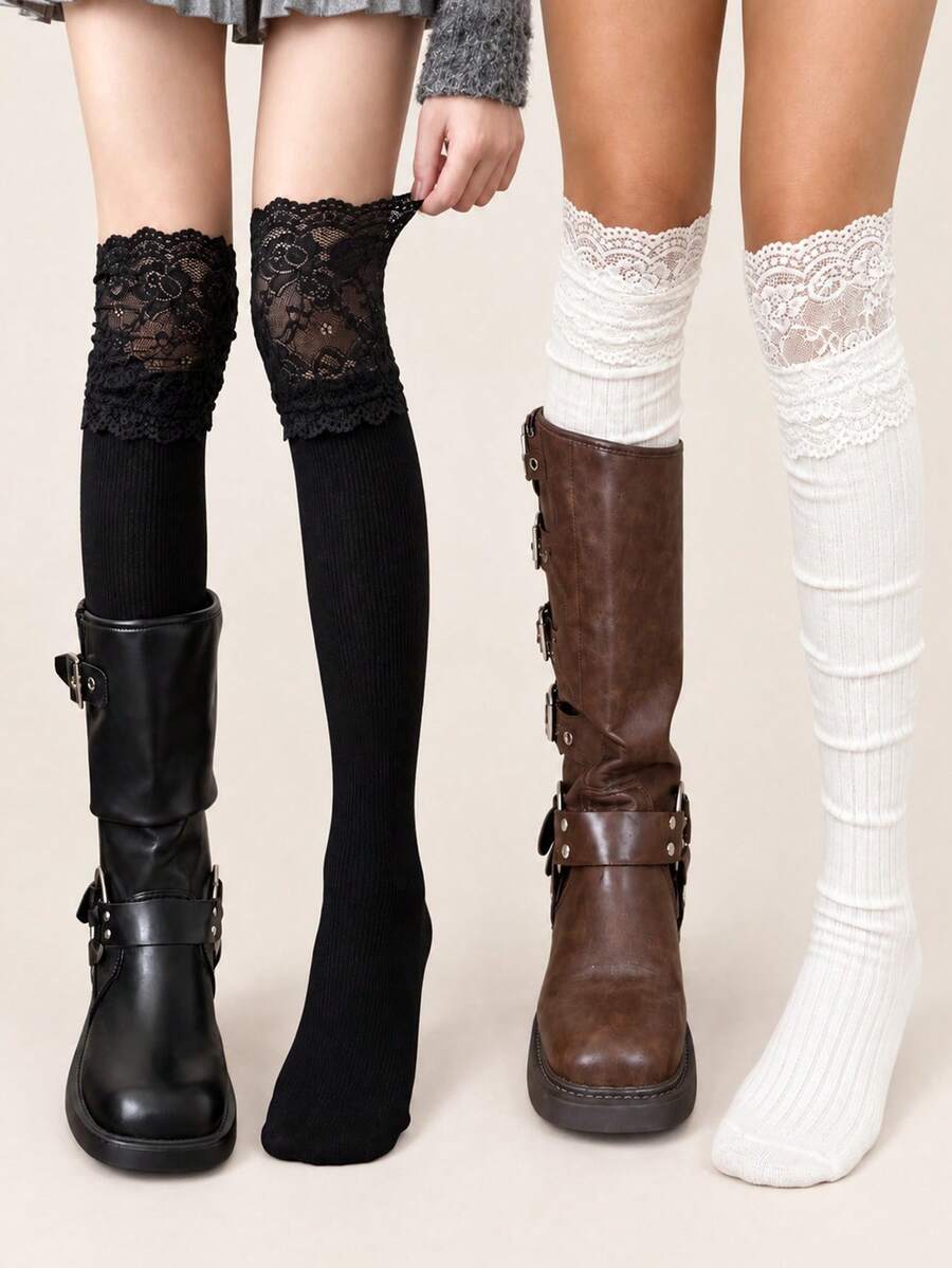 1/2 Pairs Women's Multi-Color Lace-Bow Slouchy Knee-High Socks, Ballet-Inspired Preppy Stockings For Daily Wear & Casual Outfits - Multicolor - View 1