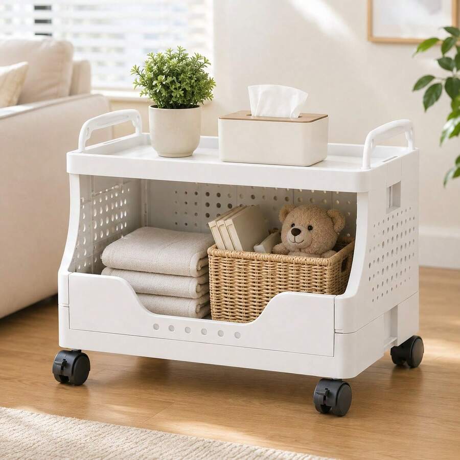 Foldable Rolling Storage Cart With Wheels, ABS Open-Front Mobile Organizer With TopTray & Handles Bathroom Storage Organizer Laundry Room Utility Cart Mobile Shelving Unit, Multi-Purpose For Kitchen Dorm Office Bathroom Laundry