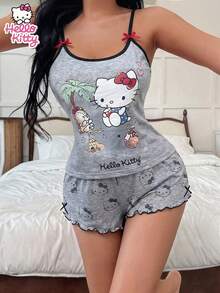SANRIO Hello Kitty卡通印花吊带背心和短裤两件套，女童休闲家居服 - 灰色 - 查看 3