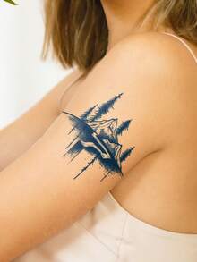 Herbal Juice Semi-Permanent Magic Tattoo Sticker, Minimalist Landscape Forest Scenery Pattern, Long-Lasting 14 Days, No Fading, Non-Reflective, Temporary Tattoo Sticker For Arm, Leg, Body, 1pc/Pack - Blue - View 2