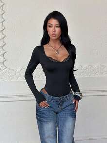 Women's Autumn Black Lace Trim Fitted Long Sleeve Bodysuit, Suitable For Commuting, Daily Wear, Dating, Party, Night Out, Holiday - Black - View 6