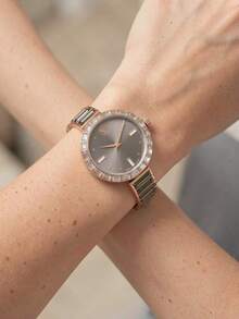 Swarovski 1pc Rose Gold Tone Round Quartz Wrist Watch With Grey Rectangle Glass Rhinestone Bezel & Band, Elegant Women Watch For Daily Party - Grey - View 4