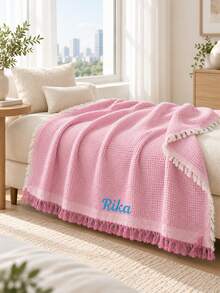 1pc Customized Name Embroidered Pink Tone Knitted Throw Blanket, Decorative Wearable Coverlet With Tassel Trim, Personalized Embroidery Details, 3 Sizes Available, Holiday Gift, Suitable For Sofa, Bed And Home Indoor Leisure Scenes - Multicolor - View 8