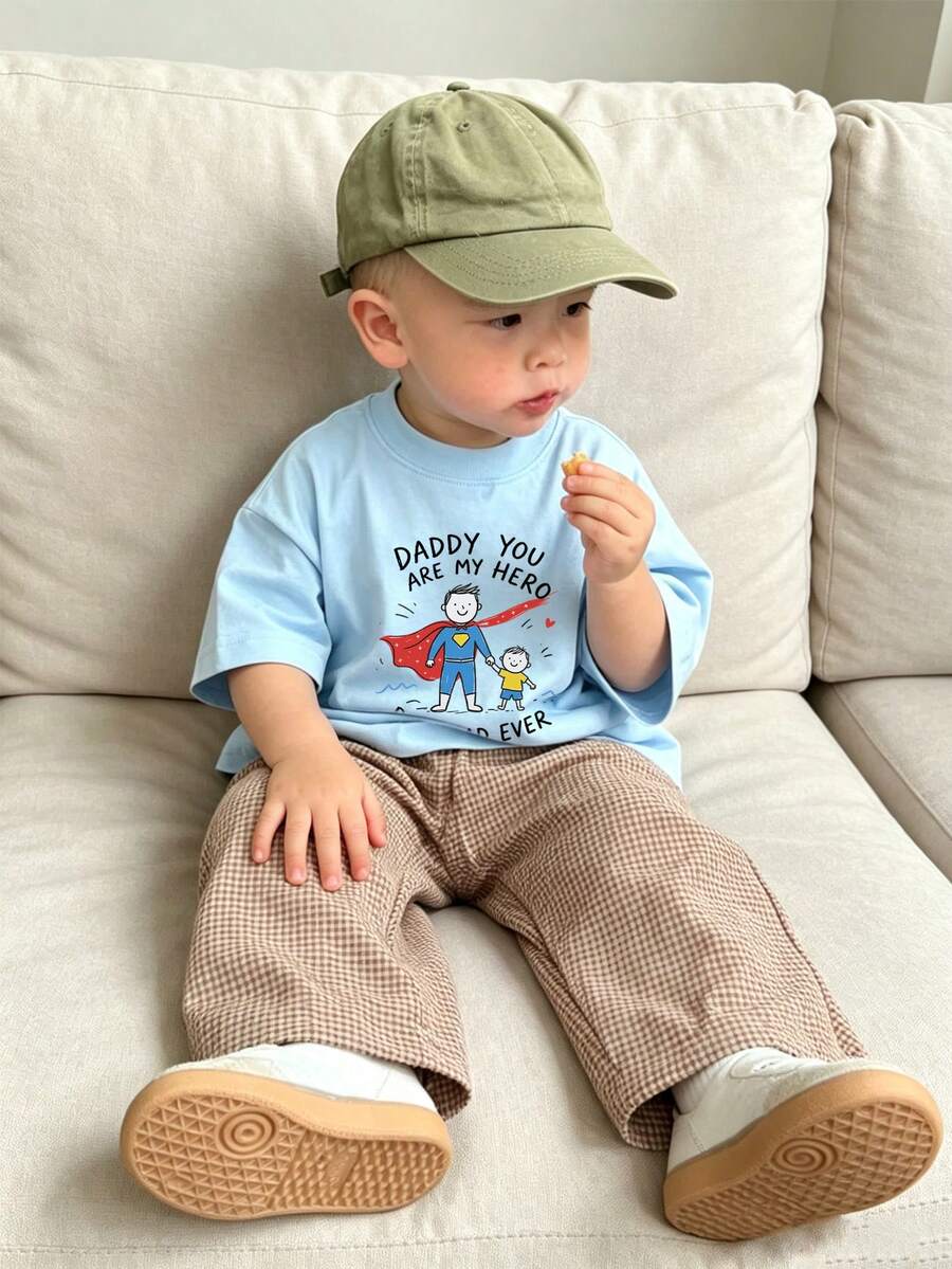 Baby Boy Summer Casual Short Sleeve T-Shirt, "Daddy Is My Hero" Print Round Neck Top, Suitable For Newborn And Toddler - Baby Blue - View 1