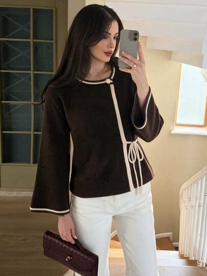 Women's Fall Winter Dark Brown Contrast Trim Crew Neck Knit Cardigan, 1-Button Side Tie Waist Asymmetric Hem French Vintage Casual Office Date Wear