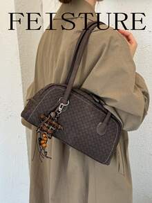 FEISTURE 1件新款秋冬女款腋下包，復古吊飾保齡球肩背包，適合女孩、女性、大學生、職場新人及白領通勤上下班與上學 - 咖啡 - 查看 6