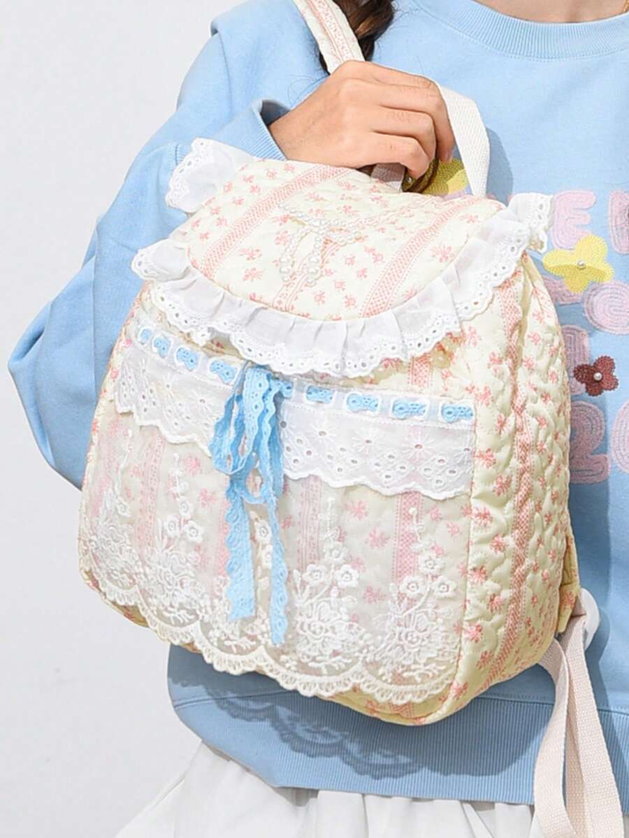 Lace Trim Ditsy Floral Backpack, Vintage Pastoral Style, Oxford Fabric, Bowknot Drawstring, Sweet Girl Small Backpack - Multicolor - View 1