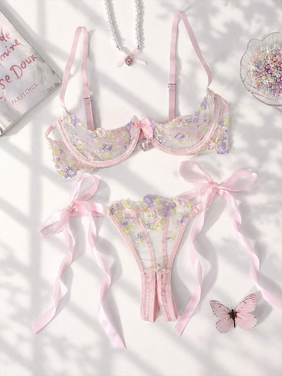 Sweet Girl Sheer Embroidered Bra Set, Heart Rhinestone Design, Comfortable Sexy Lingerie Set For Women, Suitable For Dates, Valentine's Day