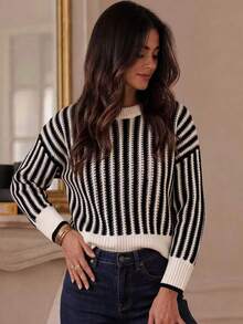 Plus Size Casual Striped Sweater, Autumn/Winter - Multicolor - View 2