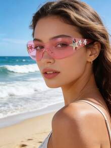 1 Pair Large Frame Multi-Color Y2K Women's Fashion Glasses, Sports, Bohemian Style, Suitable For Summer Parties And Travel, - 2 Star Powder Frame Powder Sheet - View 2