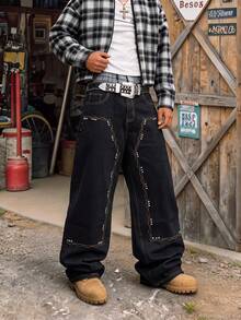 Men's Retro Black Wide‑Straight Jeans, Wavy Contrast Stitching With Silver Rivet Decor Street Denim Pants - Black - View 4