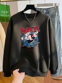American Vintage Cartoon Print Black Crew Neck Sweatshirt Women Autumn Loose Fit - Black - View 5