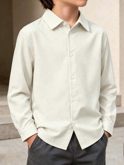 Boys' Classic Casual Preppy Solid Color Long Sleeve Shirt, Suitable For School, Gatherings, Performances, Formal Events, Flower Boy, Etc.
