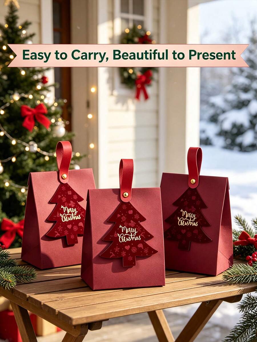 1/10pcs Burgundy Christmas Tree Shaped Gift Box, 'Merry Christmas' Decorative Tag, Leather Handle Holiday Gift Packaging Box - A - View 1