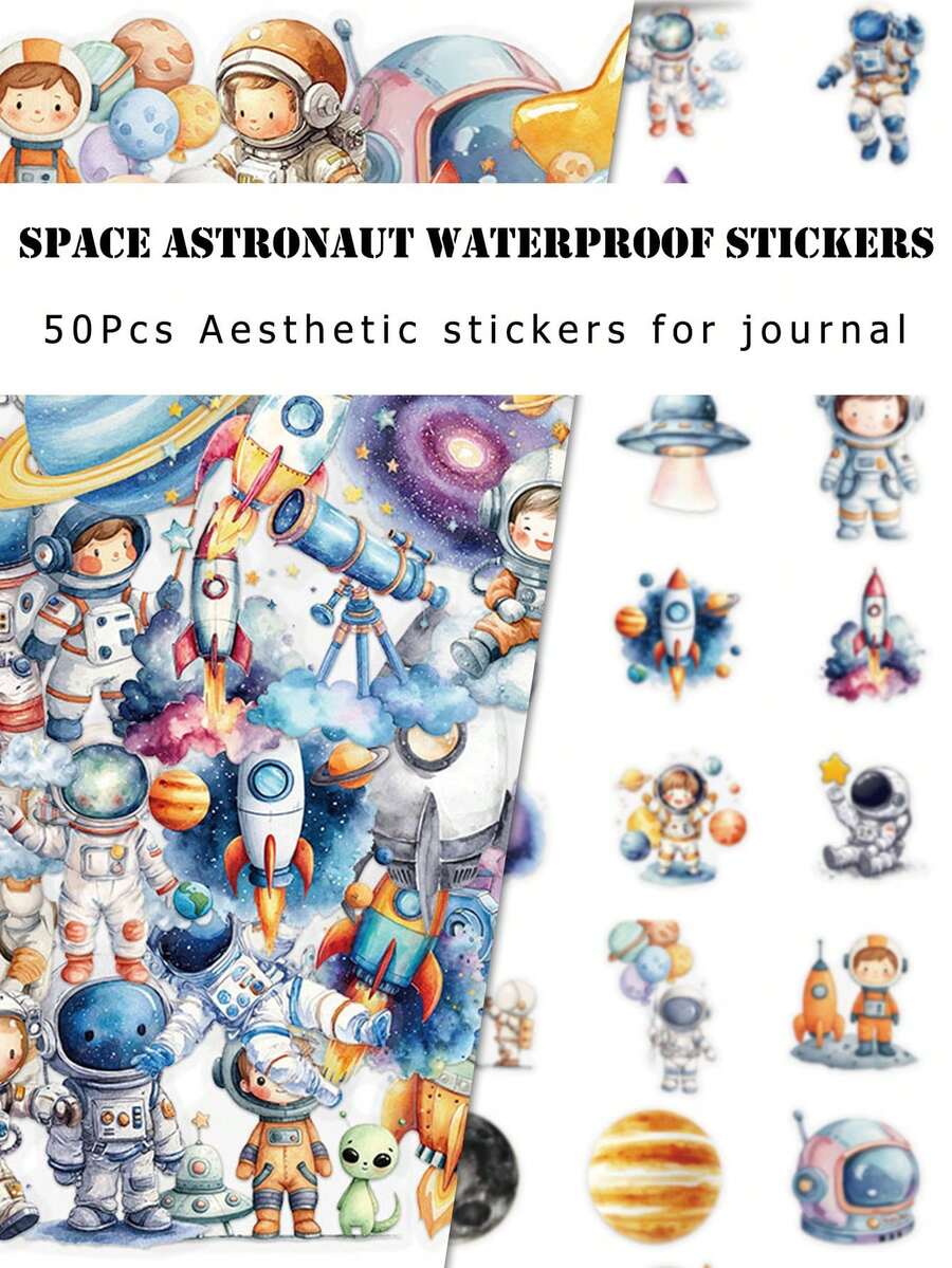50Pcs Space Astronaut Stickers Pack, Waterproof PVC Cartoon Galaxy Astronaut Decals For Journal Water Bottle Laptop Decor - Multicolor - View 1