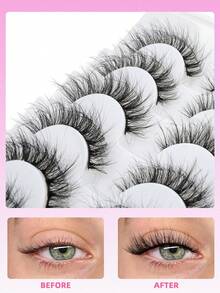 7 Pairs Natural Long False Eyelashes, Fluffy Curly Handmade Strip Lashes, Long Dense Lightweight Cat Eye Look, Suitable For Girls' Daily Wear - Black - View 6