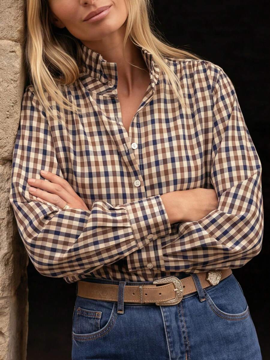 Women's Vintage Plaid Button-Up Shirt, Loose Fit Plus Size Long Sleeve Top, Suitable For Casual Daily Wear - Brown and Blue Plaid - View 1