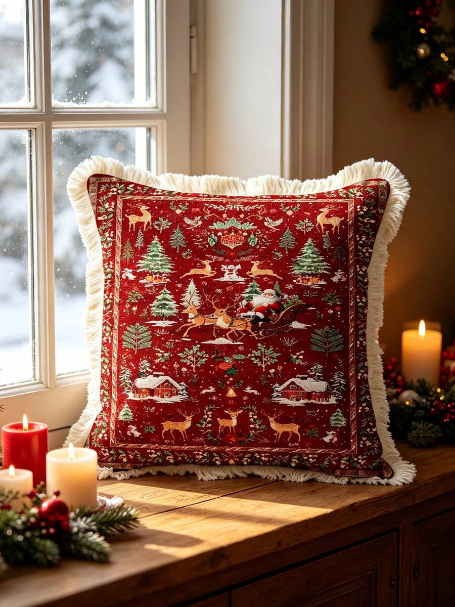 1PC Christmas Print Pillow Cover With Tassel Border, Double-Sided Decorative Pillowcase, Santa Claus Reindeer Pattern, Home Decoration, Sofa, Bed, Bedroom(Excluding Pillow Core)-Size Excludes 3cm Tassels - Multicolor - View 1