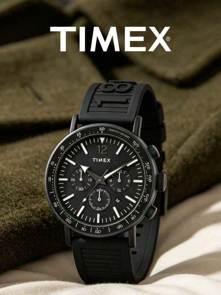 Timex Men's All Black Chronograph Watch With 3 Sub-Dials, Date Display, Tachymeter, Quartz Movement, Textured Silicone Strap, Street Racing Party, Gift For Husband And Friend - Black - View 1