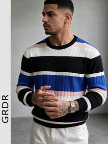 GRDR Men's Multi-Color Horizontal Ribbed Vertical Ribbed Knit Sweater, Autumn/Winter Retro Textured Contrast Color Crew Neck Casual Pullover - Blue - View 6