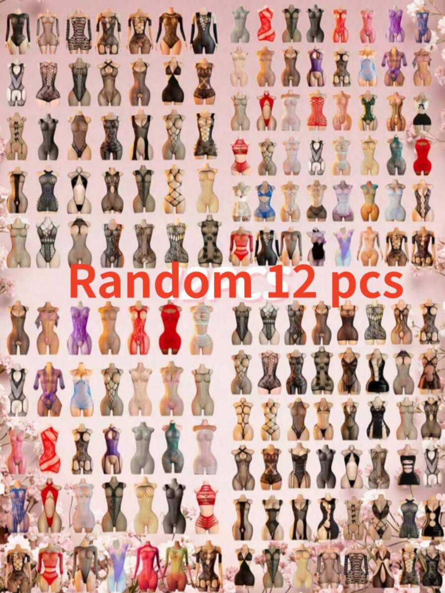 Lingerie Jala Seksi Campuran Warna, Paket Hemat 12 Set Acak, Lingerie Erotis Transparan Multi-Gaya Tanpa Punggung, Model V Dalam, Tanpa Lepas, dan Tanpa Perlu Dilepas - MultiWarna - View 1
