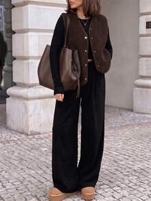 Autumn/Winter New Minimalist Single-Breasted Fleece Vest Casual Daily - Brown - View 3