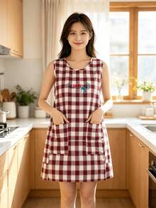 Sweet Plaid Embroidered Apron, Japanese Style Cute Vest Apron With Pockets And Buttons, Floral Art Studio Home Workwear, Kitchen Baking Floral Home, Side Buttons Adjustable - Multicolor - View 4