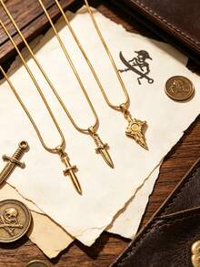 1pc Vintage Stainless Steel Classic Minimalist Polished Pirate Pendant Necklace, Unisex, Suitable For Daily Wear, Holiday Wear, Niche Luxury, Gift - Yellow Gold - View 3