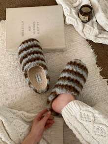 XIXITIAO Women's Fair Isle Striped Warm Slippers, Winter Indoor & Outdoor Wear, Mild Arch Support Cozy Home Slippers - Brown - View 2
