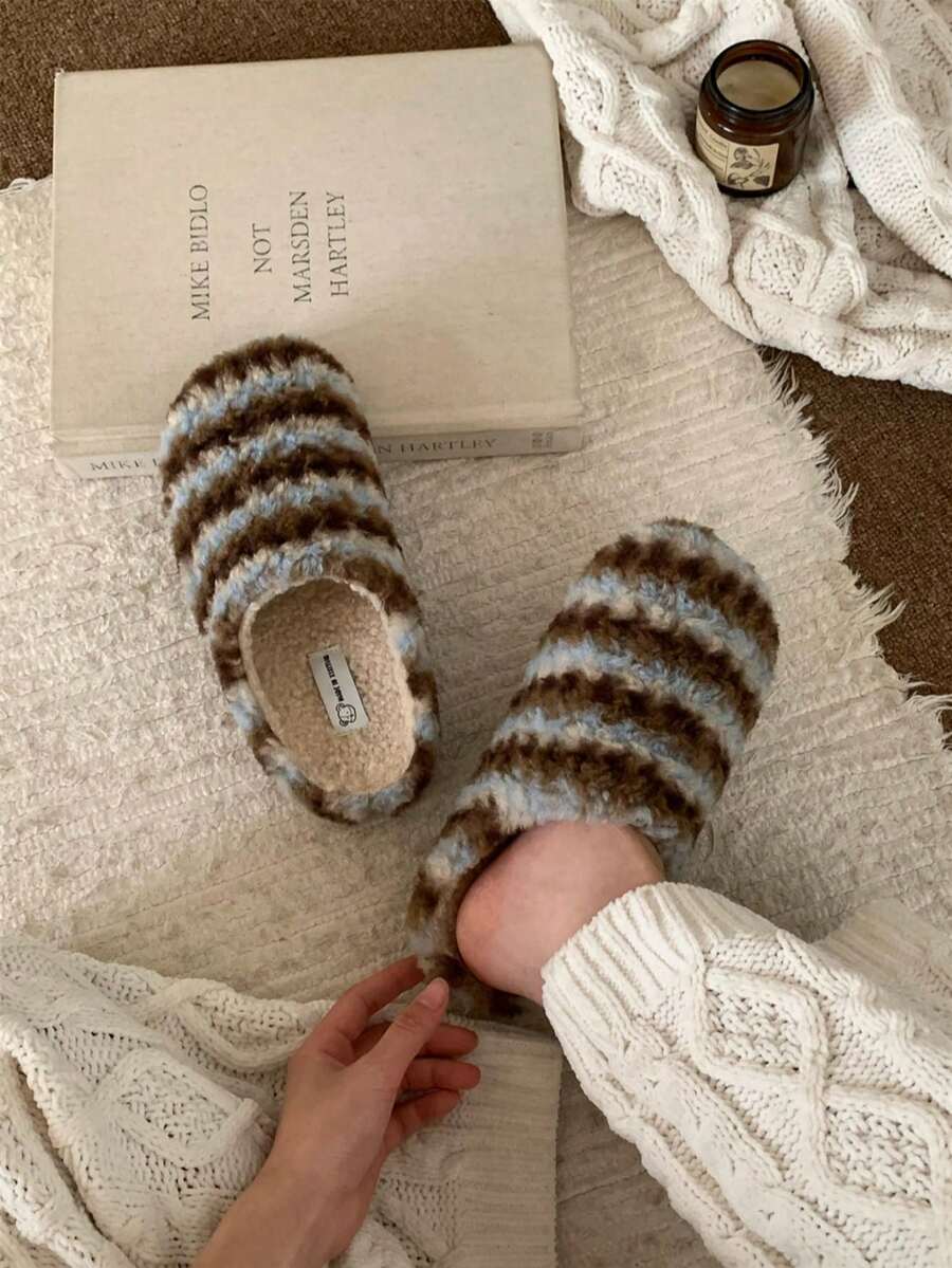 XIXITIAO Women's Fair Isle Striped Warm Slippers, Winter Indoor & Outdoor Wear, Mild Arch Support Cozy Home Slippers