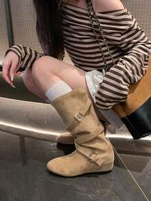 Women's Mid-Calf Boots Vintage Ruched Stacked Boots 2026 New Style Hidden Heel Cross Strap High-Top Boots Round Toe Versatile Western Cowboy - Camel - View 7