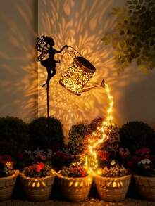 Metal Solar Watering Can Light IP65 Waterproof Auto On/Off Hollow Bronze Color Garden Stake Light Christmas Halloween Outdoor Yard Lawn Pathway Decoration Fairy String Lights Landscape Decor - A - View 2