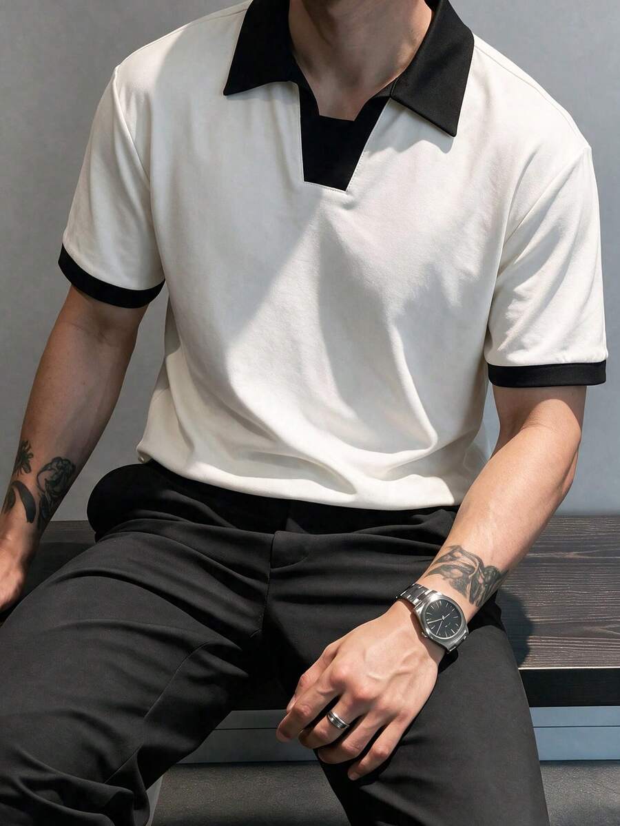 Men's Black & White Contrast V-Neck Short Sleeve Polo Shirt, Minimalist Style For Daily Commute And Streetwear - White - View 1