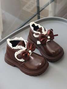 1 Pair Kids Cute Embroidered Bow PU Knit Slip-On Shoes, Suitable For Autumn/Winter Outdoor, Daily, Party, School - Brown - View 5