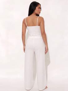 Women's 2-Piece Polka Dot Pajama Set, Spaghetti Strap Camisole Top + Elastic Waist Wide Leg Pants, Loungewear Set - White - View 6