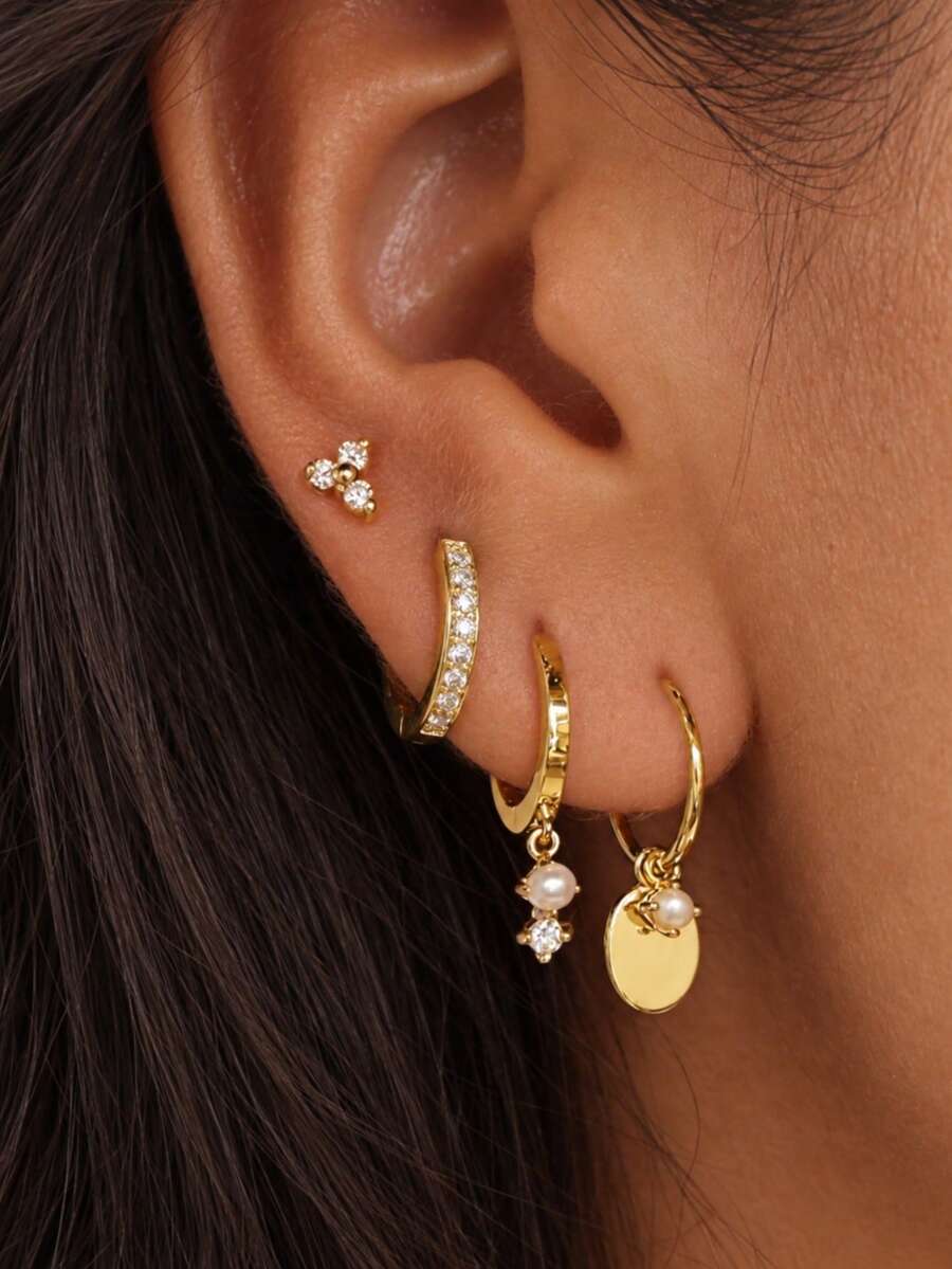 4pcs/Set (4pcs/Ear Sold) Women's Gold Earrings, Delicate Layered Earrings, Pearl Pendant Earrings, Fashion Jewelry Gift, Suitable For Women's Daily, Party, Gathering, Holiday Wear - Gold - View 1