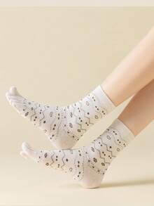 1/5 Pairs Women's Pure Cotton Fair Isle Anti-Odor Five-Toe Mid-Calf Socks, Wavy Retro Pattern Split-Toe Casual Socks, Ideal Choice For Autumn/Winter - Multicolor - View 10