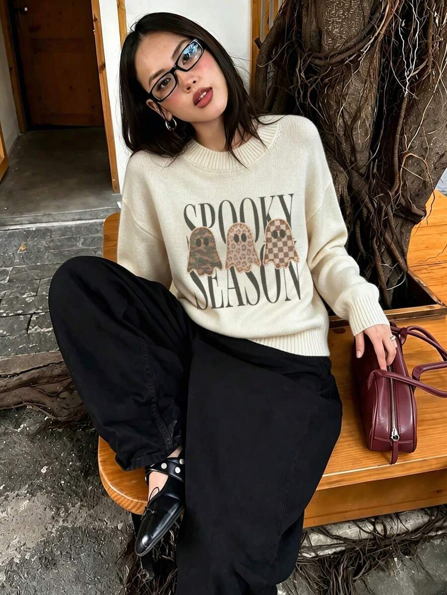 Women's Beige Autumn/Winter Casual Sweater, Multi-Texture Ghost Pattern Round Neck Print, Loose Knit Top Suitable For Halloween Parties And Daily - Beige - View 1