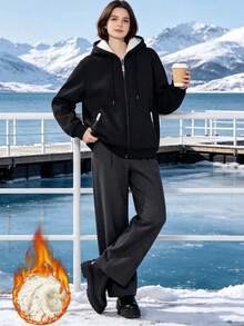 Women's Winter Sports Fleece Lining Zip-Up Sweatshirt Jacket, Running Cycling Fitness Multi-Functional Sports Outerwear - Black - View 10