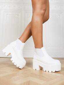Boots Fashion Women's White Wedge Heel Thick Sole Casual Elastic Band Round Toe Slip-On Chelsea Ankle Boots - White - View 3