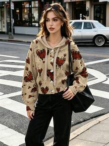 Women's Autumn Clothing Heart Print Hooded Cardigan, Drawstring Design, Fashionable Eye-Catching Outfit For Outings - Multicolor - View 1